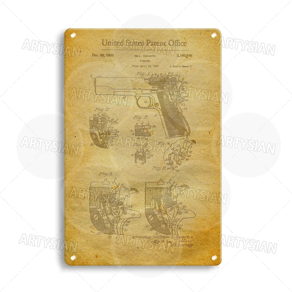 Plaque métallique avec brevet d'arme à feu Delta Force - Plaque de conception de pistolet Colt 1911