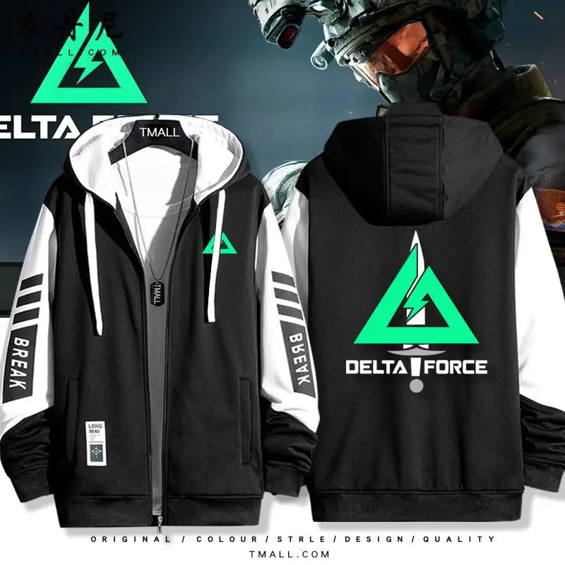 Delta Force Military Hoodie – Unisex Tactical Zip Jacket | Casual Gamer Sweatshirt