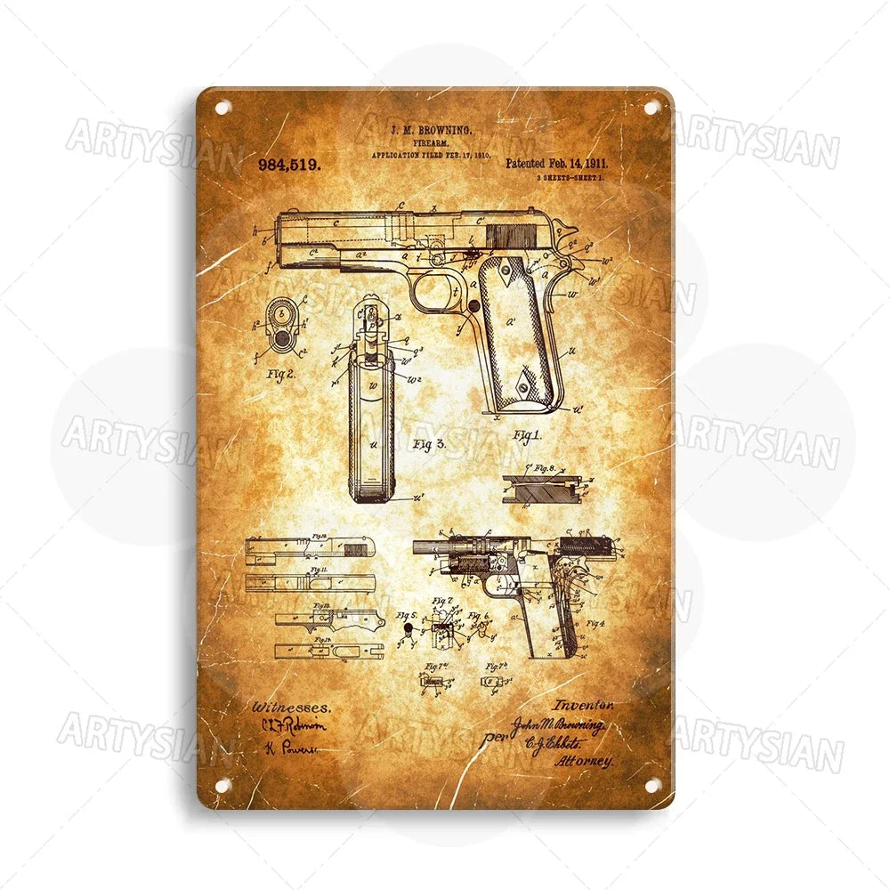 Plaque métallique avec brevet d'arme à feu Delta Force - Plaque de conception de pistolet Colt 1911