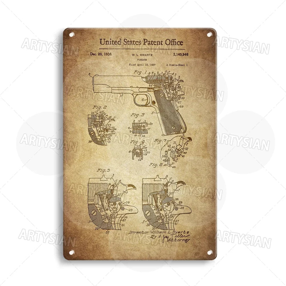 Plaque métallique avec brevet d'arme à feu Delta Force - Plaque de conception de pistolet Colt 1911