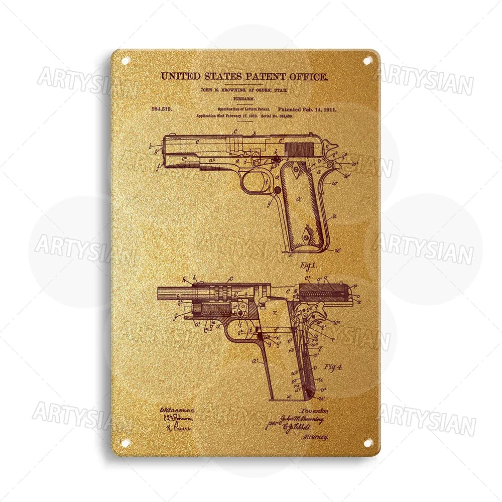 Plaque métallique avec brevet d'arme à feu Delta Force - Plaque de conception de pistolet Colt 1911