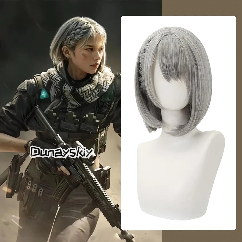 Perruque de cosplay HACKCLAW RECON MAI XIAOWEN – Delta Force Hawk Ops 40 cm, blanche argentée
