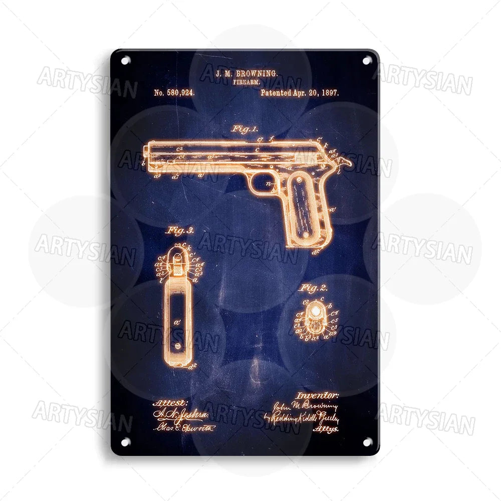 Delta force Firearm Patent Blueprint Metal Sign - 1911 Colt Pistol Design Plaque