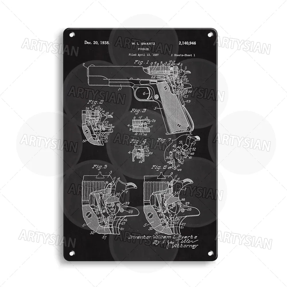 Delta force Firearm Patent Blueprint Metal Sign - 1911 Colt Pistol Design Plaque