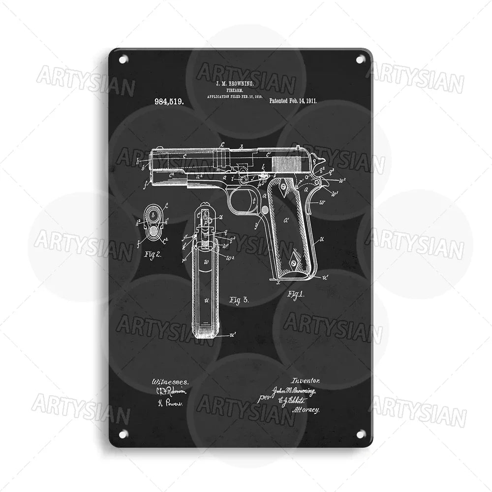 Delta force Firearm Patent Blueprint Metal Sign - 1911 Colt Pistol Design Plaque