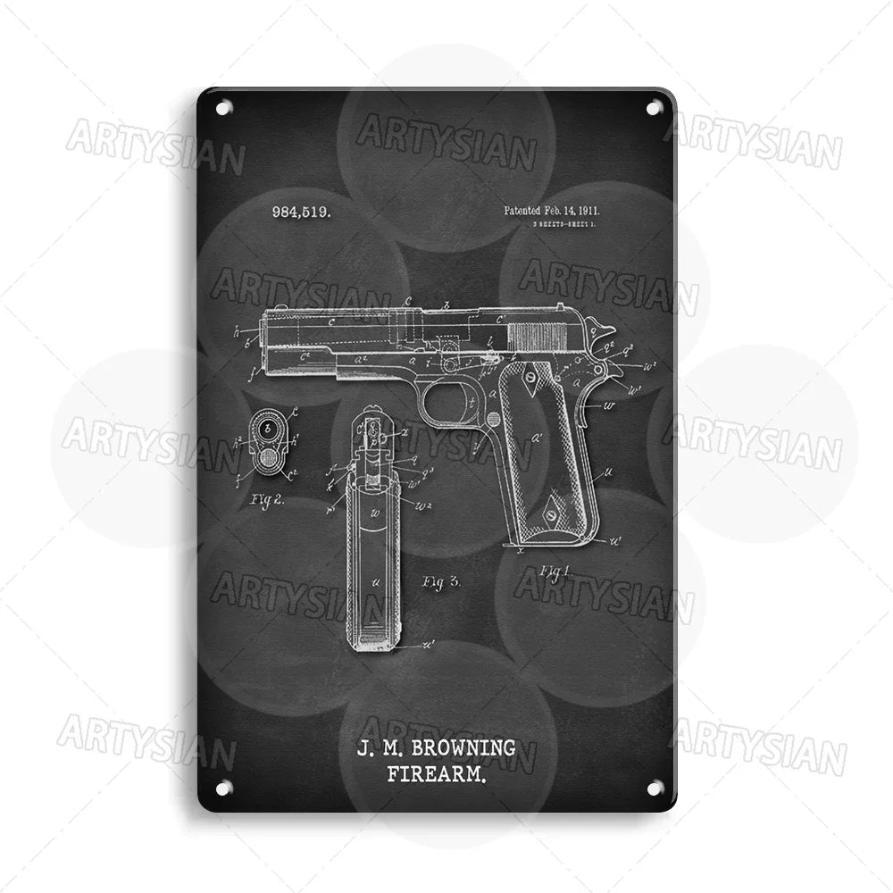 Delta force Firearm Patent Blueprint Metal Sign - 1911 Colt Pistol Design Plaque