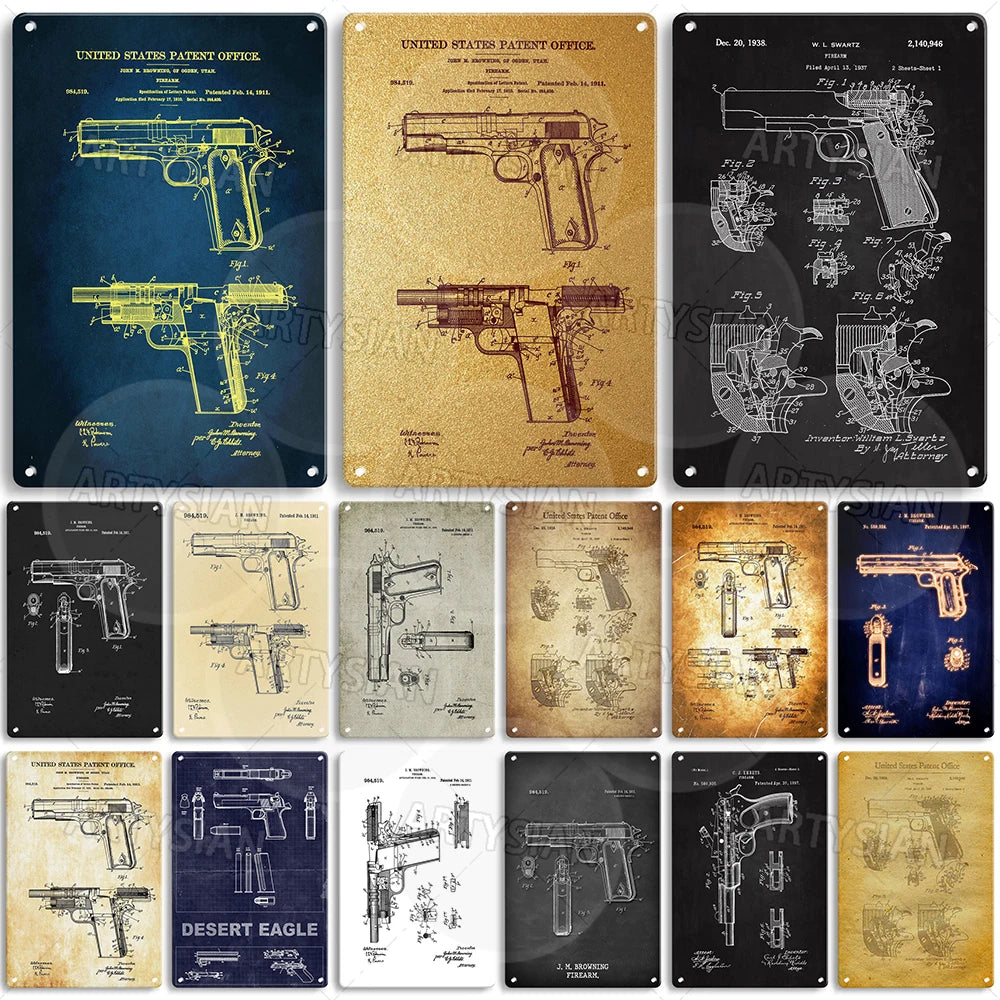 Delta force Firearm Patent Blueprint Metal Sign - 1911 Colt Pistol Design Plaque