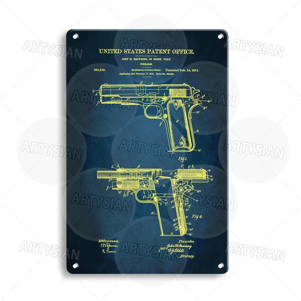 Delta force Firearm Patent Blueprint Metal Sign - 1911 Colt Pistol Design Plaque