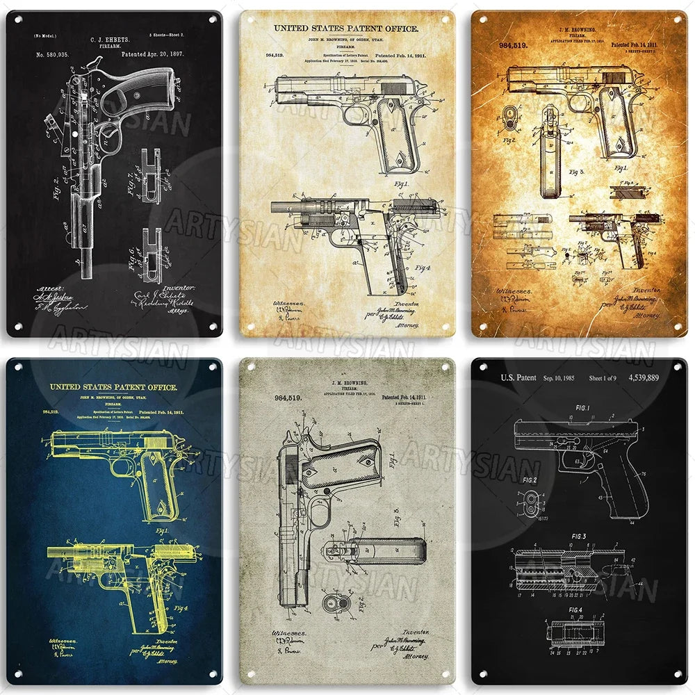 Delta force Firearm Patent Blueprint Metal Sign - 1911 Colt Pistol Design Plaque