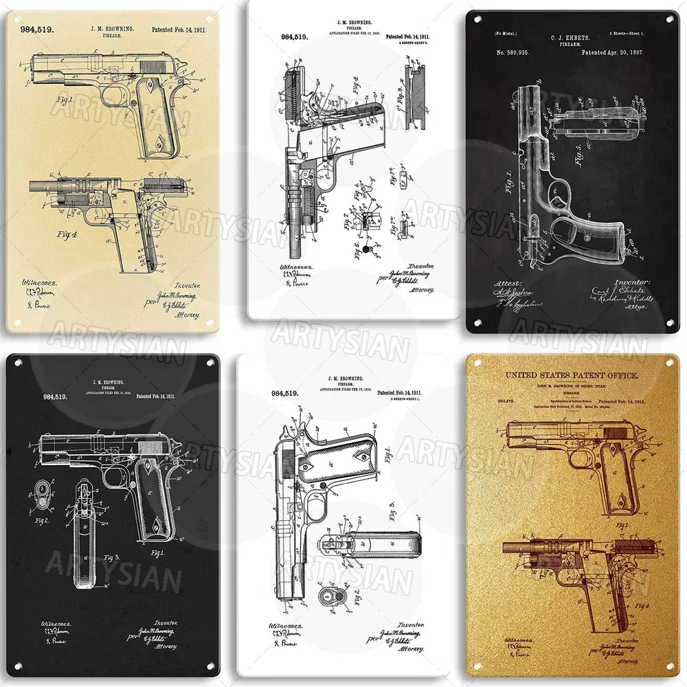 Delta force Firearm Patent Blueprint Metal Sign - 1911 Colt Pistol Design Plaque