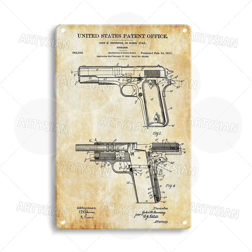 Delta force Firearm Patent Blueprint Metal Sign - 1911 Colt Pistol Design Plaque