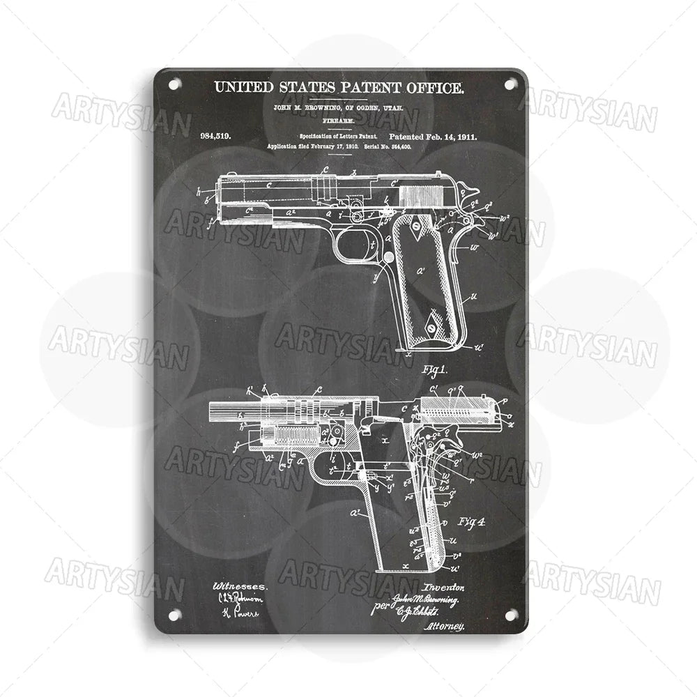 Delta force Firearm Patent Blueprint Metal Sign - 1911 Colt Pistol Design Plaque