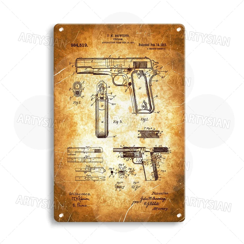 Delta force Firearm Patent Blueprint Metal Sign - 1911 Colt Pistol Design Plaque