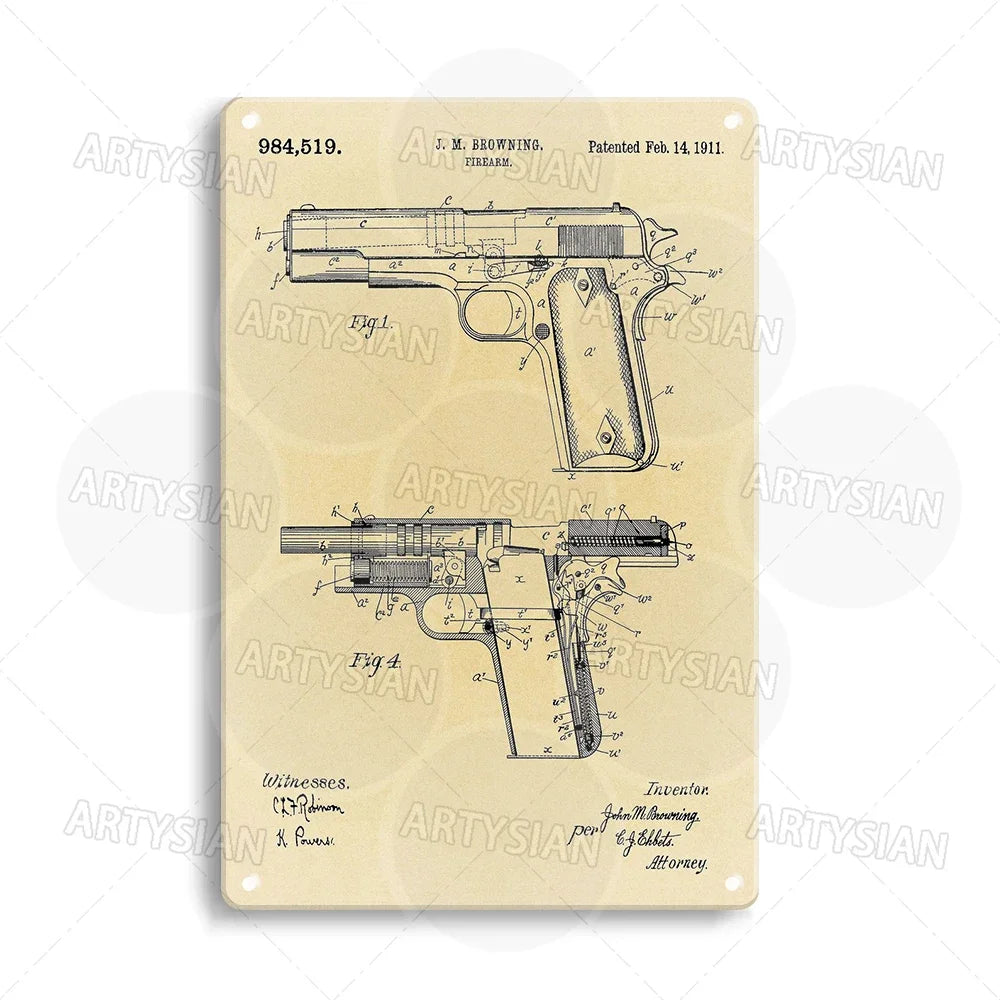 Delta force Firearm Patent Blueprint Metal Sign - 1911 Colt Pistol Design Plaque