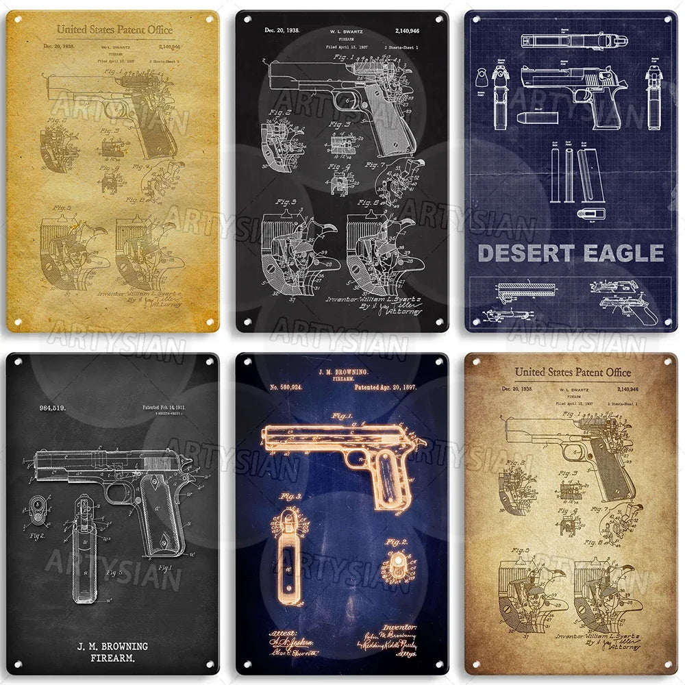 Delta force Firearm Patent Blueprint Metal Sign - 1911 Colt Pistol Design Plaque