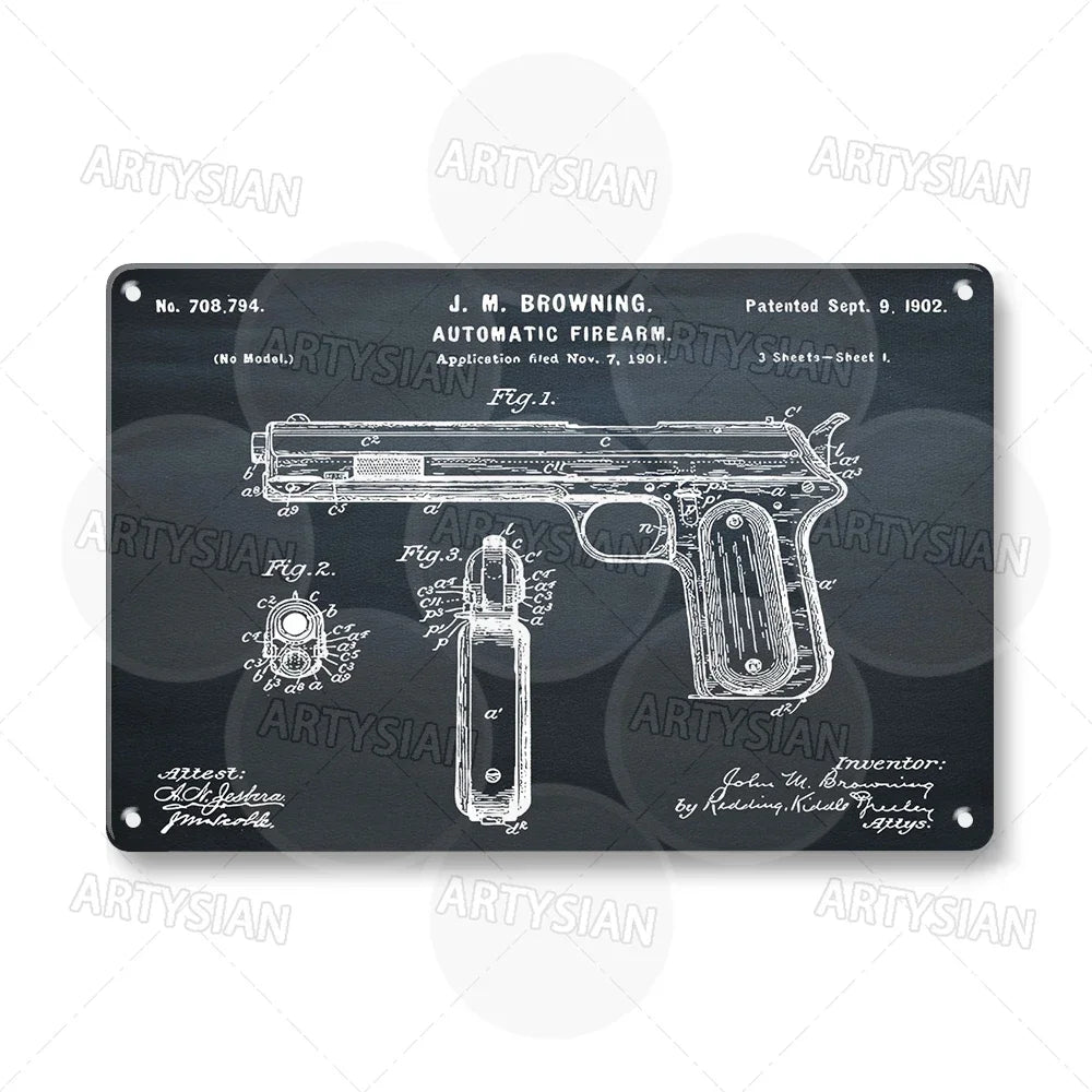 Delta force Firearm Patent Blueprint Metal Sign - 1911 Colt Pistol Design Plaque