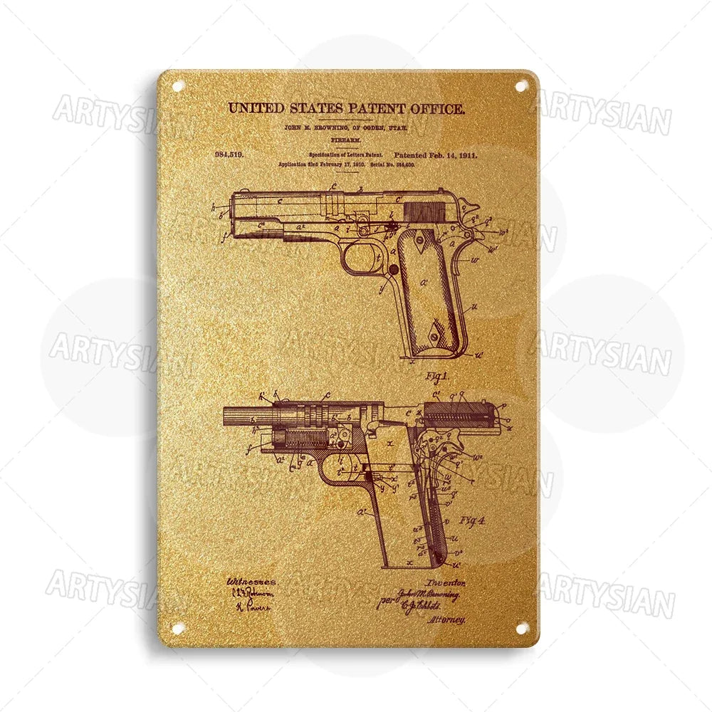 Delta force Firearm Patent Blueprint Metal Sign - 1911 Colt Pistol Design Plaque