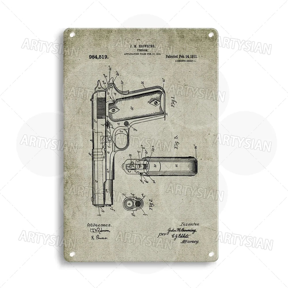 Delta force Firearm Patent Blueprint Metal Sign - 1911 Colt Pistol Design Plaque