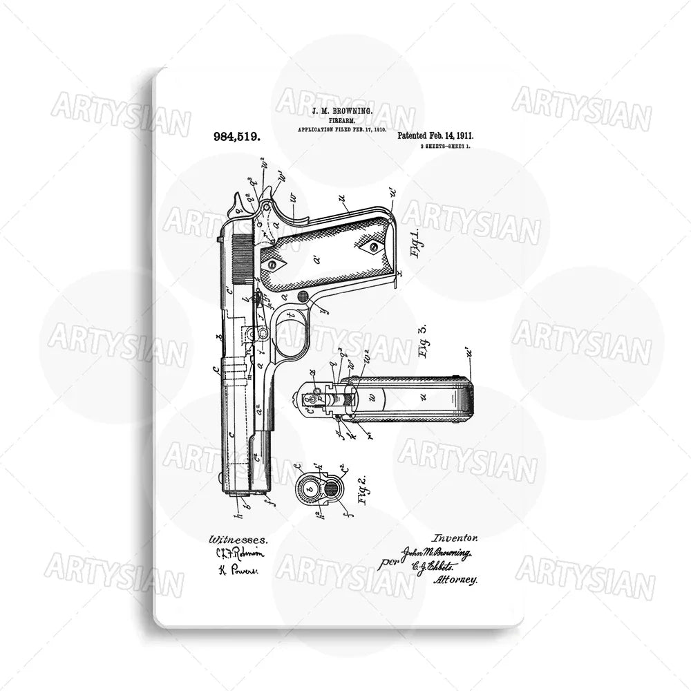 Delta force Firearm Patent Blueprint Metal Sign - 1911 Colt Pistol Design Plaque