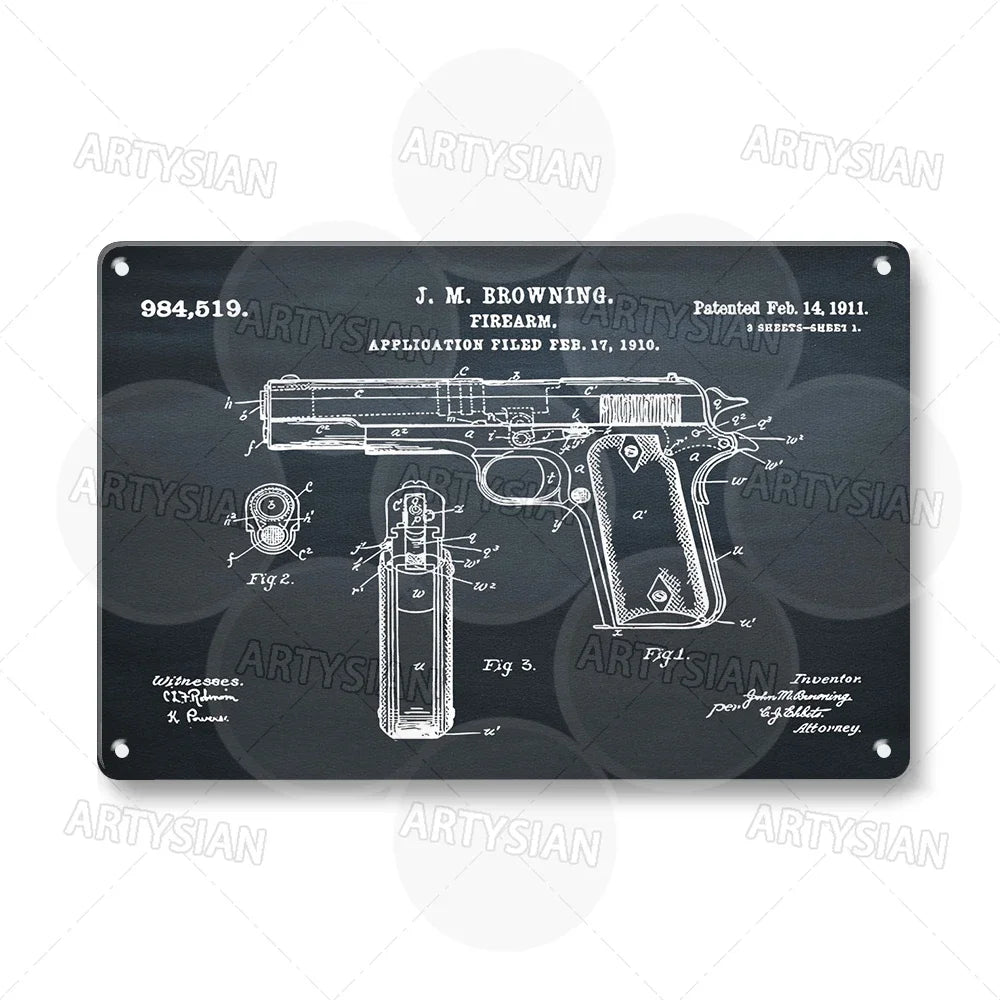 Delta force Firearm Patent Blueprint Metal Sign - 1911 Colt Pistol Design Plaque